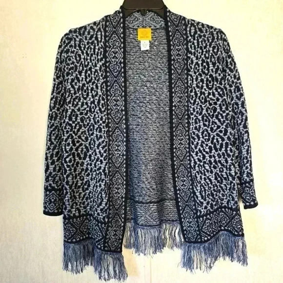 Ruby Rd Womens Large Leopard Fringe Blue Metallic Silver Thread Cardigan Sweater - Picture 1 of 6